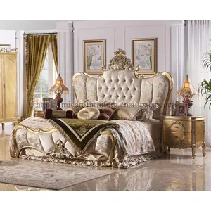 Lüks kraliyet fransız klasik kayın ahşap altın yaprak İtalya kumaş tam yatak yatak odası mobilya set