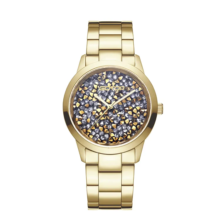 Factory oem gold plated classic female bling quartz watches women stainless steel strap wristwatch rhinestone dial womens watch