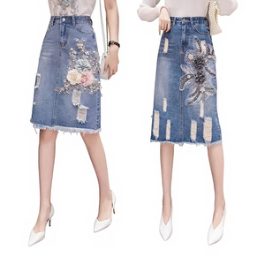 Faldas Vaqueras para <span class=keywords><strong>Mujer</strong></span>, Nueva Colección, Cintura Alta, Bordadas, Ajustadas, Línea A, Falda Midi que Ajusta a la Cadera - Product Image 1