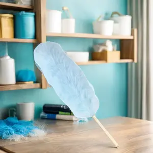 Espanador de penas de microfibra azul claro com alça de borracha plástica Espanador de limpeza doméstica flexível