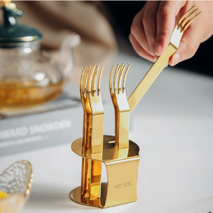 Dining <b>Bar</b> Party Stainless Steel Rust Proof Reusable Gold Silver Mini <b>Snack</b> Fruit Cake Dessert Forks Fruit Fork Set With Stand - Product Image 1