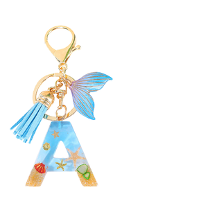 Porte-clés en alliage bleu avec pendentif queue de sirène à franges, créatif, orné de coquillages, d'étoiles de mer et de lettres de l'alphabet, thème océan et plage, tendance, pour sac - Product Image 4