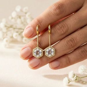 Natural White Topaz Cubic Zirconia Hexagon <b>Dangle</b> <b>Earrings</b> Elegant Clear Gemstone Drop <b>Earrings</b> in 925 Sterling Silver Fine - Product Image 4