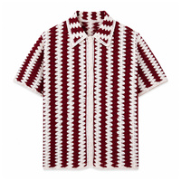 Chemise en tricot crocheté pour homme 100% acrylique rayée bordeaux ajourée boutonnée à manches courtes pour l'été, vente en gros, OEM, marque privée