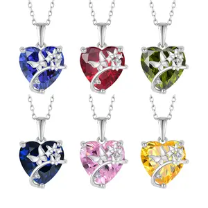 YILIUN Heart-Shaped Gemstone Necklaces 925 Sterling Silver Rhodium Plated Butterfly Design CZ Diamond Necklace Jewelry for Women