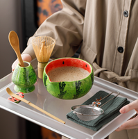 Ensemble de thé matcha en céramique avec logo personnalisé, motif pastèque, 4-8 pièces, avec bol à matcha, fouet en bambou, support, boîte cadeau, kit de cérémonie du matcha japonais