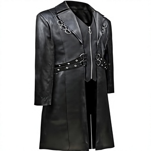 <b>Men</b> Genuine Leather <b>Long</b> Trench <b>Coat</b> Notched Lapel Zipper Closure With Belt Regular Fit - Product Image 3