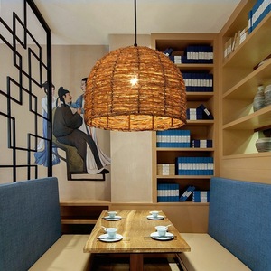 Rattan Bamboo Woven Pendant Lamp Round E27 <b>Led</b> <b>Light</b> <b>For</b> Zen Tea <b>Room</b> Restaurant Decor - Product Image 1