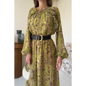 Vestido Verde de Gasa con Volantes, Estampado Floral, Corte Holgado, Cintura Natural, para Uso Diario Informal - Product Image 5
