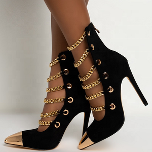 Western Style Zipper Stiletto Women Dress Shoes Metal Chain Decorate Pointed Toe <b>Black</b> Fashion High Heels Women <b>Pumps</b> - Product Image 1