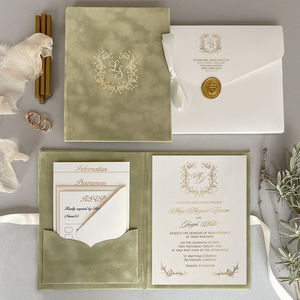 Lujo elegante en blanco de tapa dura Viena terciopelo oro Folio cubierta invitaciones Gatefold invitado en relieve monograma invitación de boda - Product Image 5