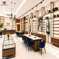 Complet pour magasin d'optique moderne : Étagère murale en bois pour montures métalliques, vitrine îlot en verre et comptoir d'accueil pour magasin de lunettes