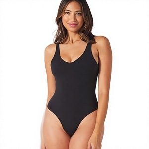 Maillot de bain une pièce pour femmes, col rond, couleur unie, extensible, coupe haute, bas string, vêtements de plage - Product Image 1