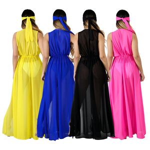 Vestido de playa con banda para el pelo para mujer, traje de baño con detalles divididos, <span class=keywords><strong>sin</strong></span> mangas, <span class=keywords><strong>Kimono</strong></span> de gasa, 5 colores disponibles - Product Image 2