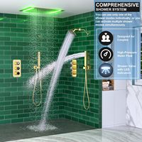 Ensemble de robinetterie de douche haut de gamme à 3 poignées avec affichage LED, pommeaux de douche pluie, icônes lumineuses doubles, finition or brossé