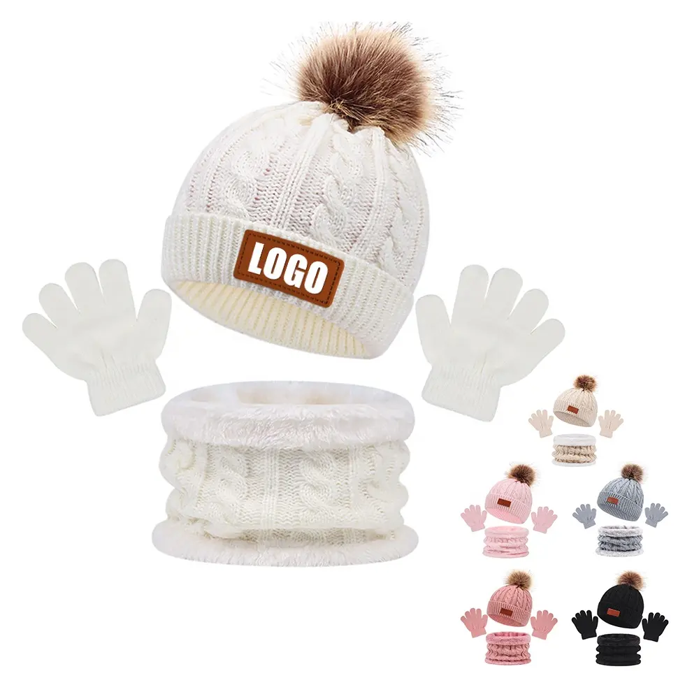 Großhandel Custom Kids Winter Beanie Hüte Schal Handschuhe Sets Baby Strick mützen Halstuch Custom ized Leder Patch Logo