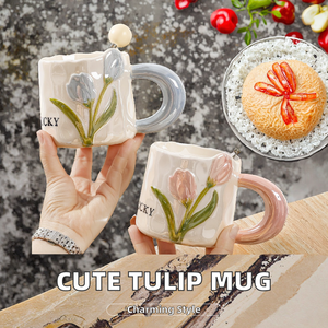 Frauen niedlichen 380ml Tulpe Keramik becher handgemachte Geschenk 3D Blumen becher für Lehrer tag & Geburtstag für Camping - Product Image 3