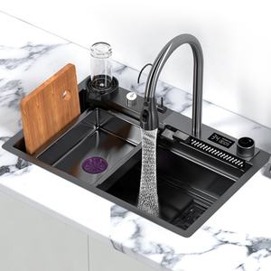 Fregadero de Acero Inoxidable de Alta Tecnología para Encimera, Moderno, Negro, de Montaje Inferior, con Diseño Cuadrado, Cascada, Multifuncional para Cocina - Product Image 1