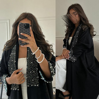 Abaya Musulmane de Luxe Sur Mesure 2025 pour Femme, Avec Garniture de Perles Noires, Modèle Ample, Cardigan Ouvert, Robe Pudique - Vente en Gros Dubaï