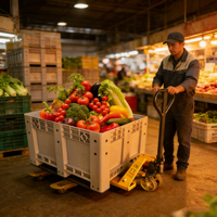 Conteneur de palette en plastique ventilé empilable de qualité alimentaire industrielle robuste de 606 litres avec roues et couvercle pour fruits et légumes