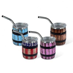 Wood-grain Wood Barrel-shaped Beer Cup Made of Stainless Steel with a Straw Coffee Mug - Product Image 1