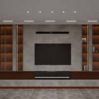 Meuble TV mural moderne personnalisé Lesso Home avec foyer électrique, éclairage LED et finition bois pour salon