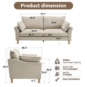 Canapé moderne pliable de 79 pouces de large avec cadre en métal rembourré et assise profonde pour salon et appartement - Product Image 4
