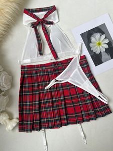 Costume de jeu de rôle, haut en dentelle, mini-jupe à carreaux, tenue de nuit coquine, ensemble de lingerie cosplay pour femmes - Product Image 6