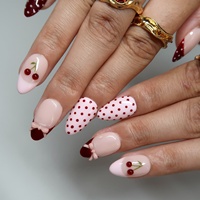 Offre Spéciale – Faux Ongles Amande 3D en Acrylique Rouge Vin Doux avec Nœud Cerise à Pois Français – Vente en Gros, Personnalisables, Faits Main, pour Usage Quotidien ou Rendez-vous