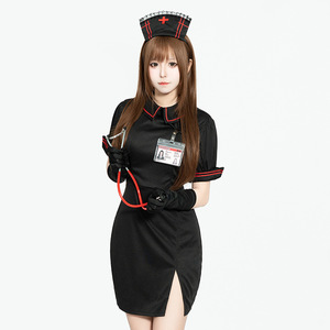 Conjunto de uniforme de enfermera negro para mujer, disfraz de juego de rol, falda con sombrero, guantes, tarjeta de identificación, disfraces para juegos de adultos - Product Image 2