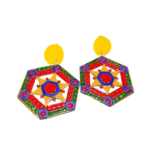 Orecchini dipinti con design geometrico, forma esagonale multicolore, gioielli alla moda per accessori da donna - Product Image 1