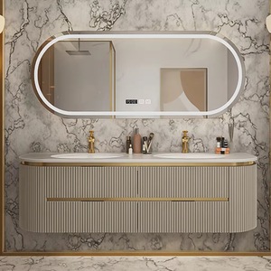 Meuble-lavabo semi-circulaire de luxe pour salle de bain, combinaison de lavabo en céramique sans joint avec dalle de chêne, meuble-lavabo et vasque - Product Image 3