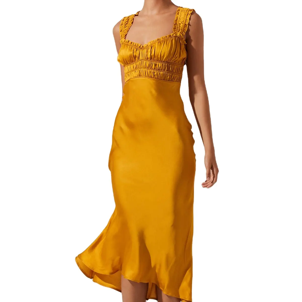 Hot Elegant Front Pleated Square Collar Backless Yellow Ladies Sexy Dress Satin Smocked Midi Dress