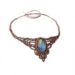 Vintage Copper Alloy Macrame <b>Choker</b> Necklace With Natural Oval Stone Bezel Setting Handmade Pendant Design Unisex Jewelry - Product Image 1