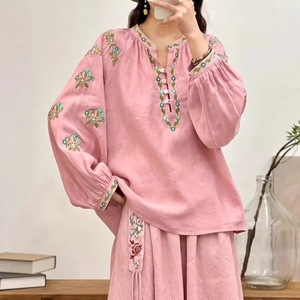 Pink Embroidered Cotton Linen <b>Top</b> Women V-neck Long Sleeve Boho Style Casual Loose Fit Mori Girl Fashion Shirt - Product Image 1