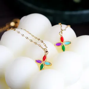 Fresh Simple 4 Leaf Clover Oil Drop Pendant Necklace Versatile Stainless Steel Jewelry For Spring Summer Party Clothing Gifts