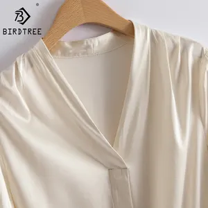 Blusa feminina Birdtree 92% seda 8% spandex, pulôver de manga comprida com decote em V, blusa branca marinha elegante, blusa casual nova T36743QCY