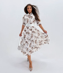 Sıcak satış kadın çiçek emprime Midi elbise beyaz standı yaka puf kollu kuşaklı Ruffled zarif rahat elbise tatil ve parti için - Product Image 1