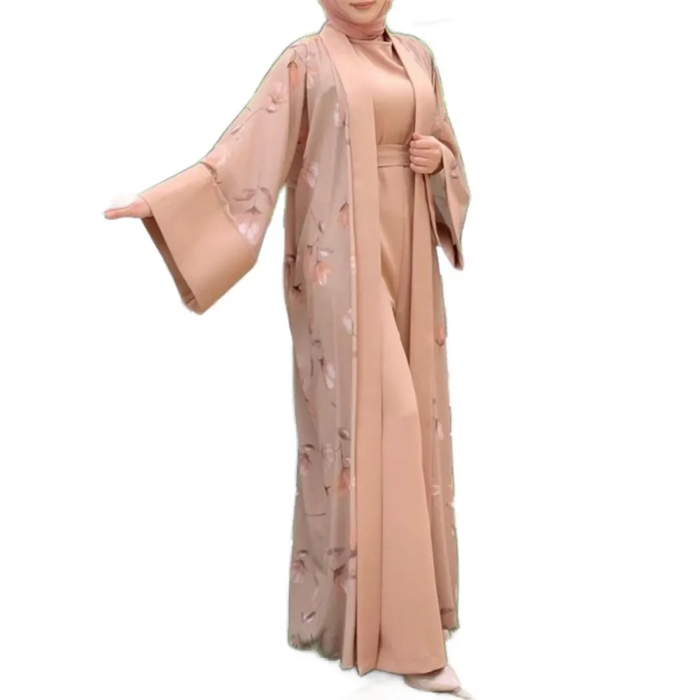 OEM Ropa Islamica Para Mujer Dubai Open Cardigan Floral Printed 2 Piece Abaya Muslim Dress