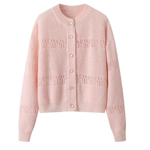 Cárdigan de punto calado rosa para mujer, suéter de manga larga, top de color liso, ropa exterior de algodón - Product Image 1