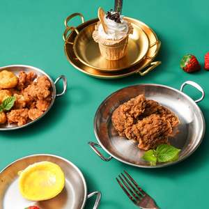 Custom Logo 304 Stainless Steel Serving <strong>Trays</strong>/Plates - Gold Double-Handle for Snack, <strong>Candy</strong>, Fruit, Fried Chicken &amp; BBQ - Product Image 5