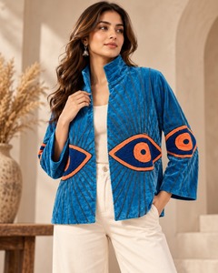 Blue <b>Velvet</b> Suzani Embroidered <b>Jacket</b> for Women Luxury Floral Ethnic <b>Jacket</b> Open Front Designer Winter Fashion Party Wear - Product Image 2