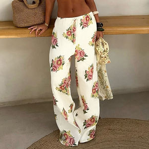 Pantalones Largos Casuales de Estilo Vacacional con Estampado Floral, Cintura Elástica y Lazos en la Espalda, Diseño Relajado - Product Image 3