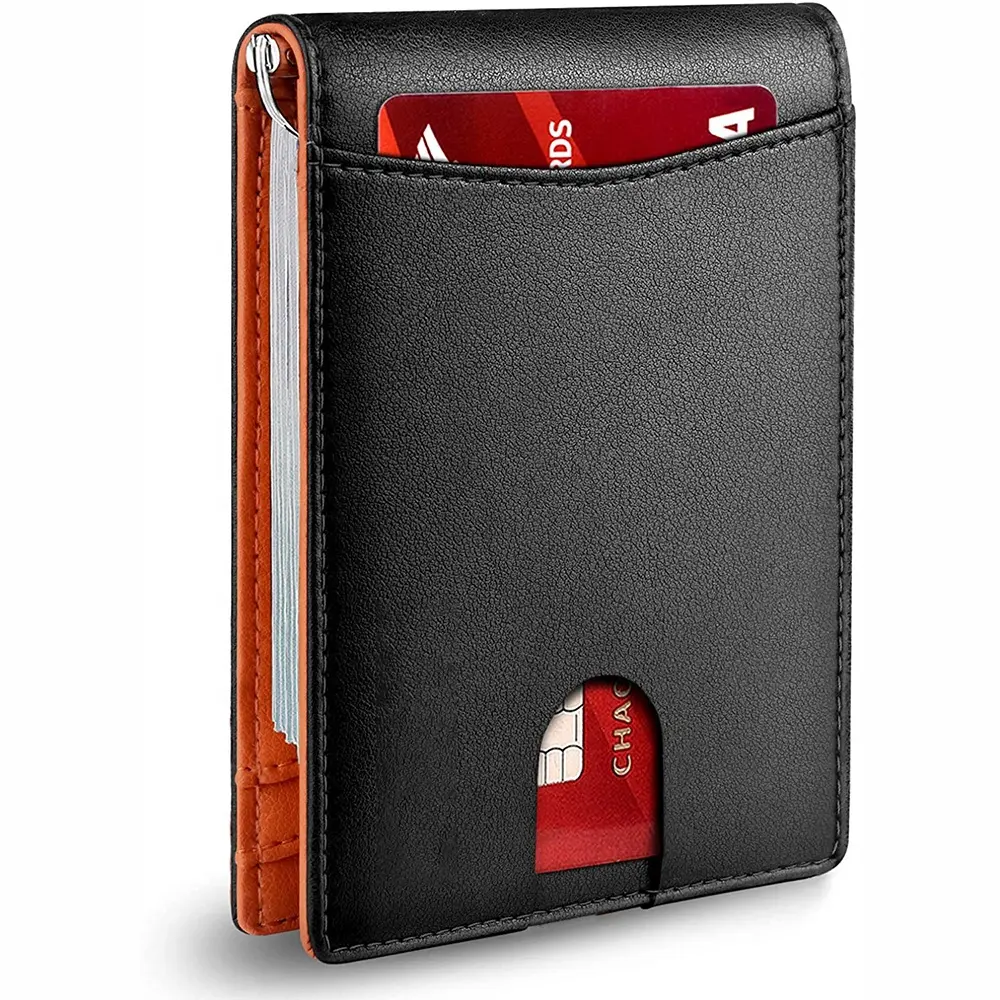 Portefeuilles de poche avant de haute qualité RFID bloquant le porte-carte de crédit à deux volets pour hommes portefeuille en cuir à pince à billets mince