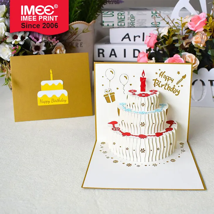 IMEE оптовая продажа роскошные украшения на день рождения 3D выдвижной торт на день рождения поздравительная открытка бумажная Подарочная открытка