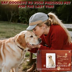 Wooden Dog Cremation Urn Rectangle Pet <b>Memorial</b> <b>Box</b> With Photo Frame And Paw Prints For Dogs And Cats - Product Image 4