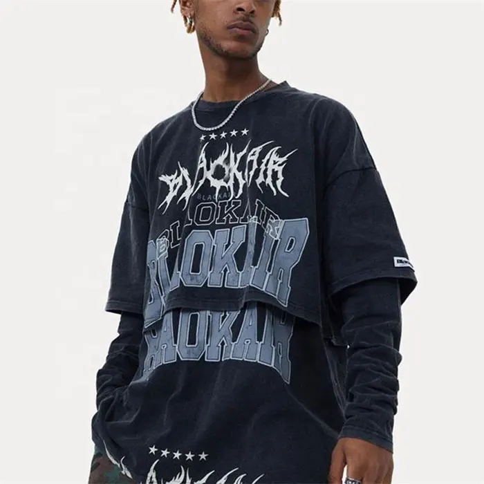2023 High Quality Vintage wash long sleeve streetwear hip hop t shirt double graphic printed layer long sleeve t shirt