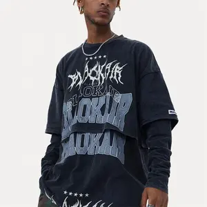 2023 High Quality Vintage Wash Long Sleeve Streetwear Hip Hop T Shirt Double Graphic Printed Layer Long Sleeve T Shirt