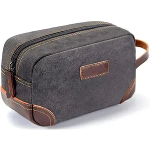 OEM Custom Leather and Canvas Men's Toiletry Bag Dopp Kit Bathroom Shaving Bag with Large Capacity For Travel