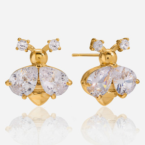 Stud Earrings <b>Bee</b> Design 18K Gold Stainless Steel White Zirconium Insect Shape <b>Gift</b> Jewelry - Product Image 1